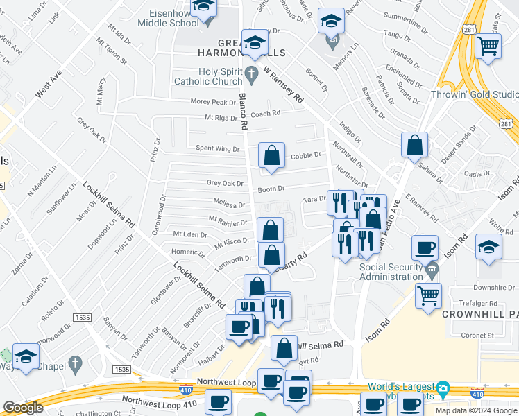 map of restaurants, bars, coffee shops, grocery stores, and more near 204 Blanco Road in San Antonio