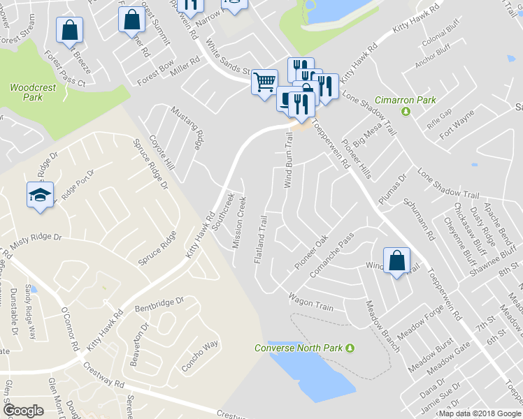 map of restaurants, bars, coffee shops, grocery stores, and more near 10301 Flatland Trail in Converse