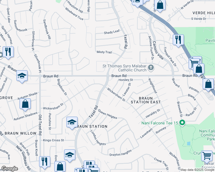 map of restaurants, bars, coffee shops, grocery stores, and more near 8802 Wickersham Street in San Antonio