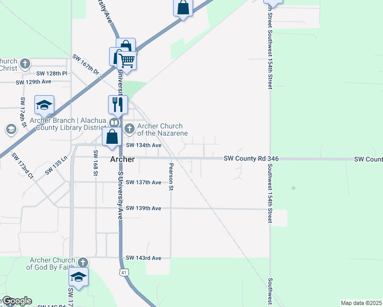 map of restaurants, bars, coffee shops, grocery stores, and more near 16050 Southwest County Road 346 in Archer