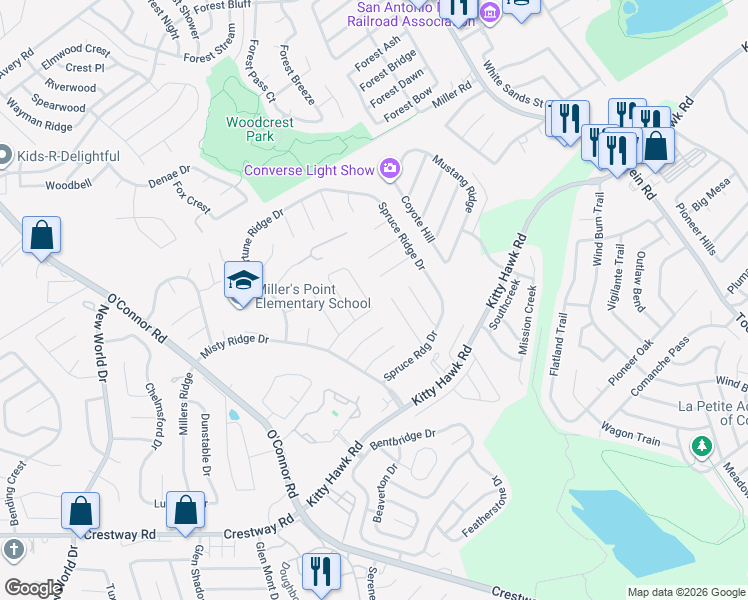 map of restaurants, bars, coffee shops, grocery stores, and more near 7135 Winter Ridge in Converse