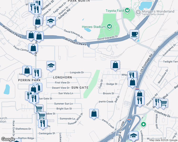 map of restaurants, bars, coffee shops, grocery stores, and more near 4543 Longvale Drive in San Antonio