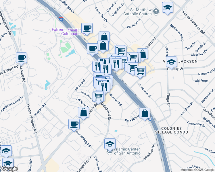 map of restaurants, bars, coffee shops, grocery stores, and more near 9411 Wurzbach Rd in San Antonio