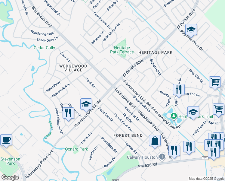 map of restaurants, bars, coffee shops, grocery stores, and more near 3706 Townes Forest Road in Friendswood