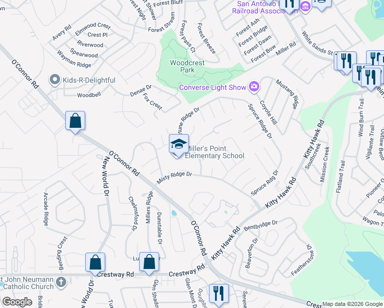 map of restaurants, bars, coffee shops, grocery stores, and more near 9739 Fortune Ridge Drive in Converse