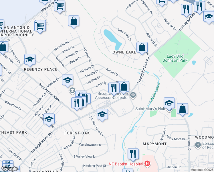 map of restaurants, bars, coffee shops, grocery stores, and more near 3223 Leyte Street in San Antonio