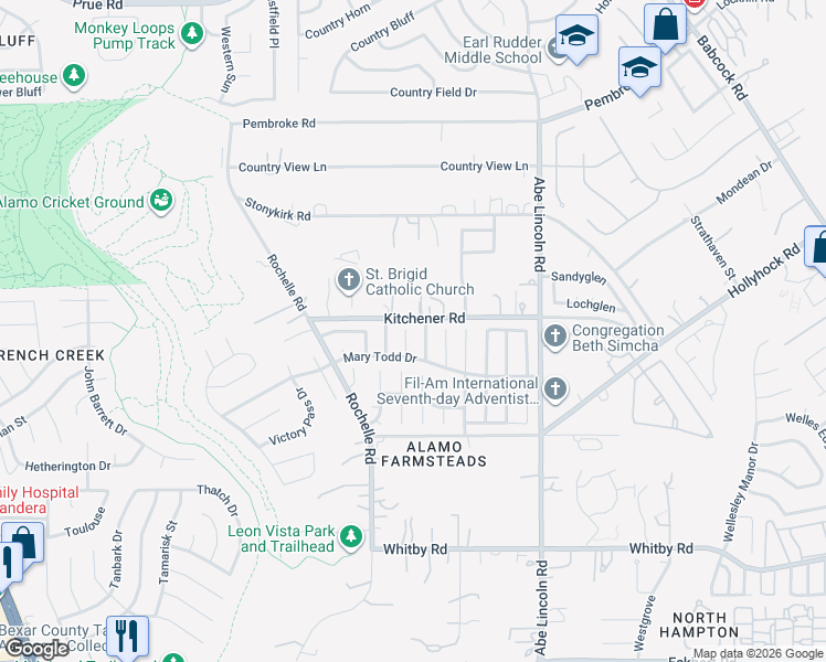 map of restaurants, bars, coffee shops, grocery stores, and more near 9327 Marble Hill Drive in San Antonio