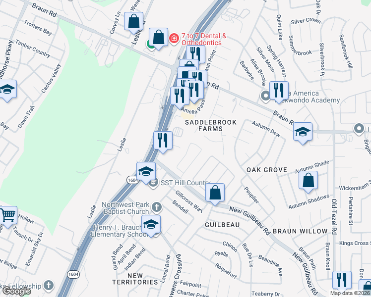 map of restaurants, bars, coffee shops, grocery stores, and more near 8927 Gill Bridge in San Antonio