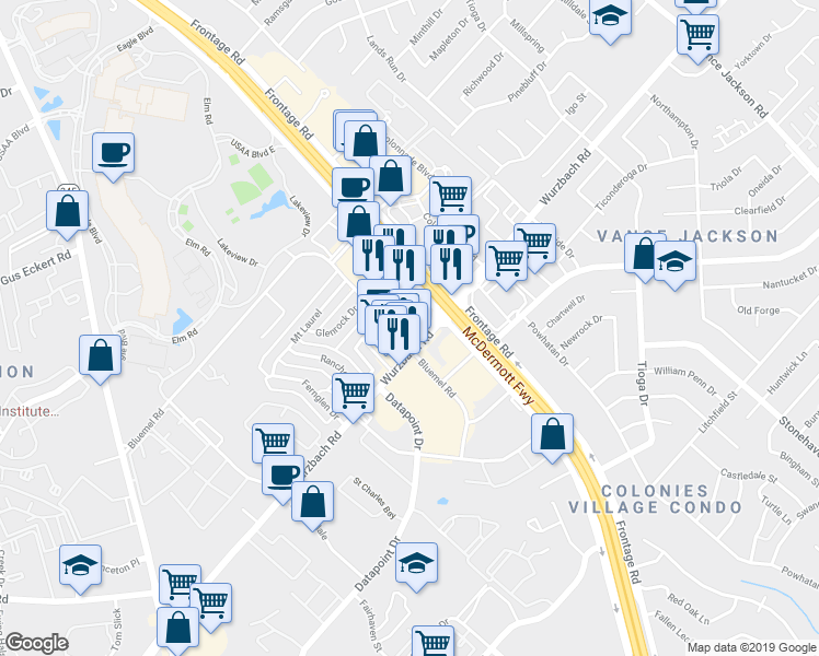 map of restaurants, bars, coffee shops, grocery stores, and more near 9411 Wurzbach Road in San Antonio
