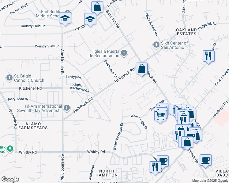 map of restaurants, bars, coffee shops, grocery stores, and more near 9318 Whisper Point in San Antonio