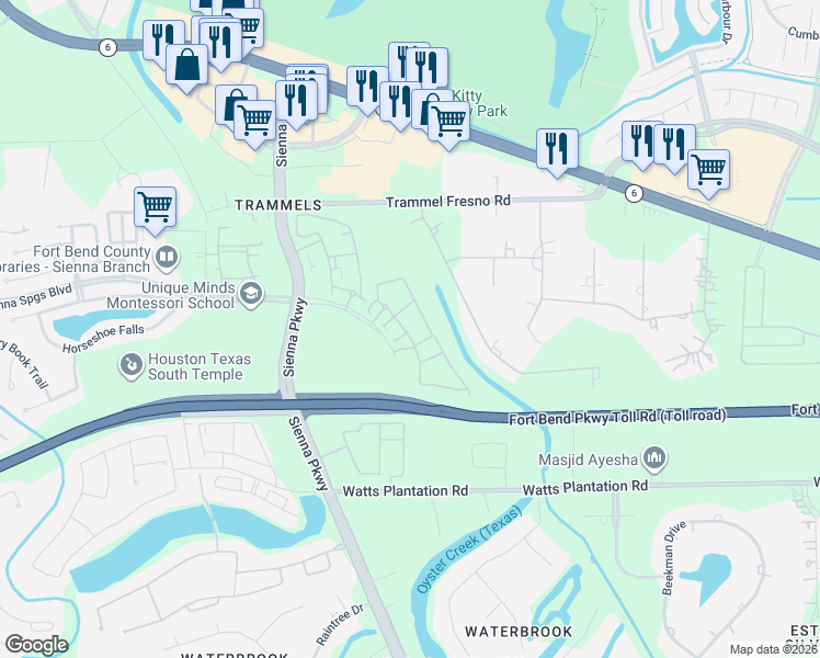 map of restaurants, bars, coffee shops, grocery stores, and more near 8811 Sienna Springs Boulevard in Missouri City