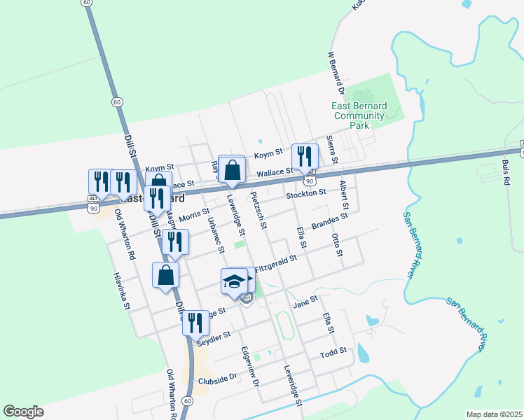 map of restaurants, bars, coffee shops, grocery stores, and more near 209 Pietzsch Street in East Bernard