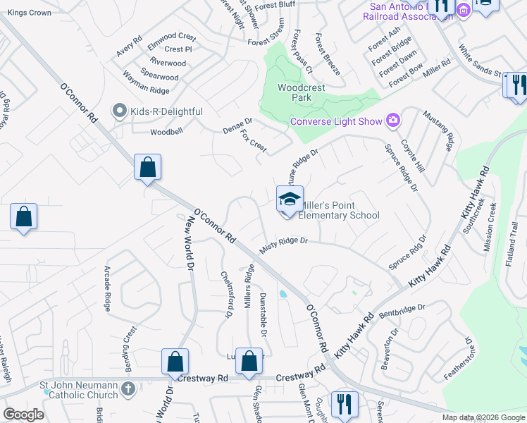 map of restaurants, bars, coffee shops, grocery stores, and more near 9738 Logans Ridge Drive in Converse