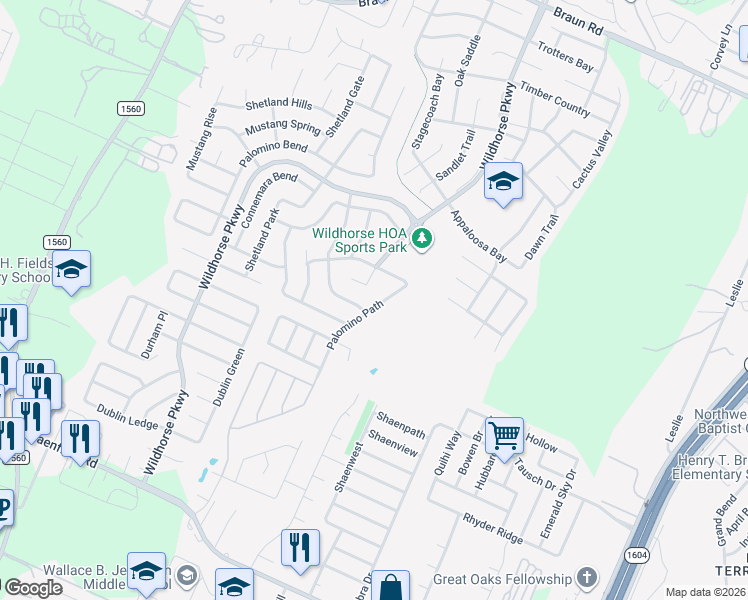 map of restaurants, bars, coffee shops, grocery stores, and more near 9615 Palomino Path in San Antonio