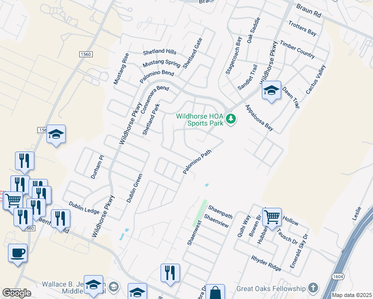 map of restaurants, bars, coffee shops, grocery stores, and more near 9535 Mustang Farm in San Antonio