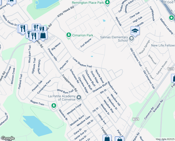 map of restaurants, bars, coffee shops, grocery stores, and more near 10147 Colt Crossing in Converse