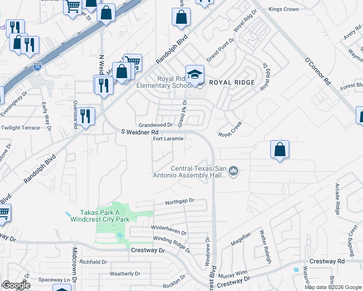 map of restaurants, bars, coffee shops, grocery stores, and more near 10022 Moongrove Pass in San Antonio