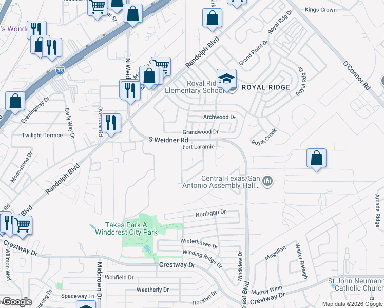 map of restaurants, bars, coffee shops, grocery stores, and more near 10034 Powderhouse Drive in San Antonio