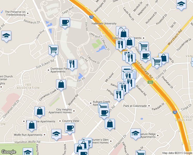 map of restaurants, bars, coffee shops, grocery stores, and more near 4219 Laurel Trail in San Antonio