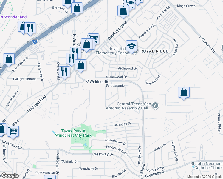 map of restaurants, bars, coffee shops, grocery stores, and more near 10034 Powderhouse Drive in San Antonio