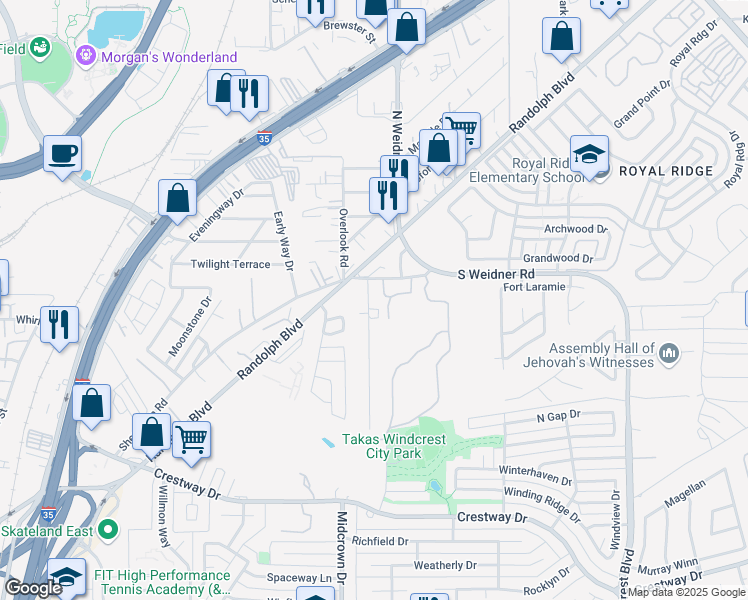 map of restaurants, bars, coffee shops, grocery stores, and more near 9726 Heidelberg Street in San Antonio