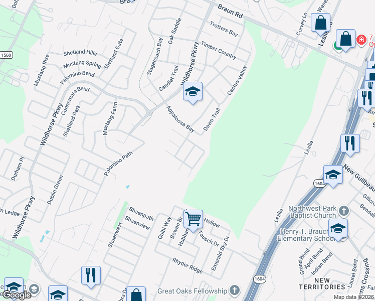 map of restaurants, bars, coffee shops, grocery stores, and more near 9506 Velvet Spring in San Antonio