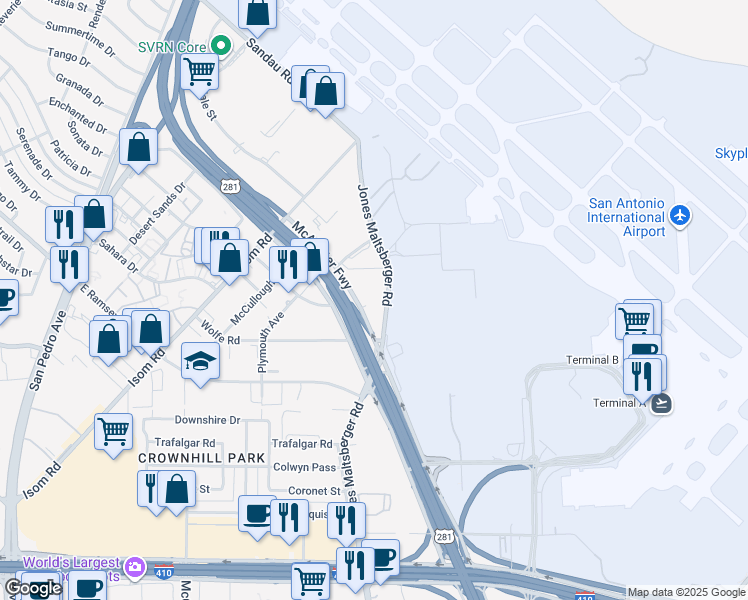 map of restaurants, bars, coffee shops, grocery stores, and more near 10110 U.S. 281 in San Antonio