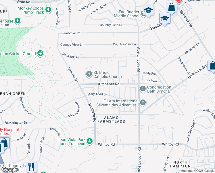 map of restaurants, bars, coffee shops, grocery stores, and more near 9327 Marble Hill Drive in San Antonio