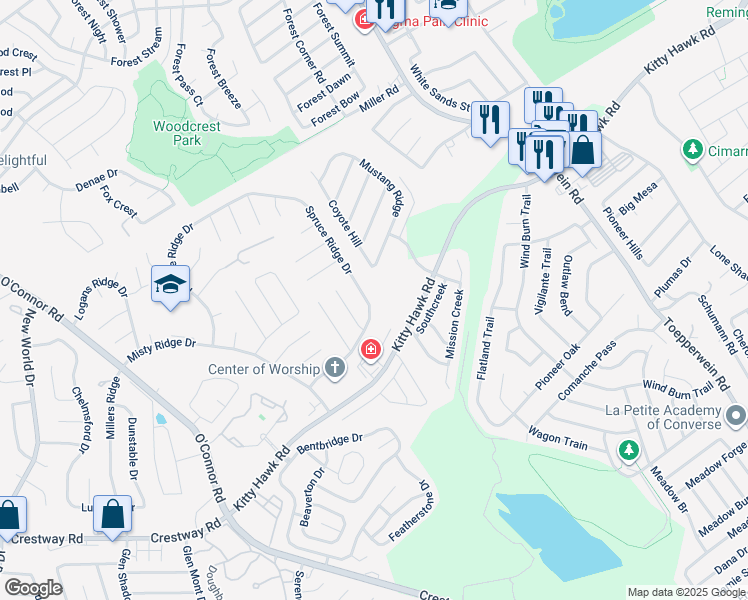 map of restaurants, bars, coffee shops, grocery stores, and more near 9810 Spruce Ridge Drive in Converse