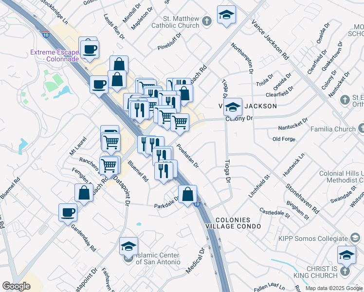 map of restaurants, bars, coffee shops, grocery stores, and more near 3747 Chartwell Drive in San Antonio