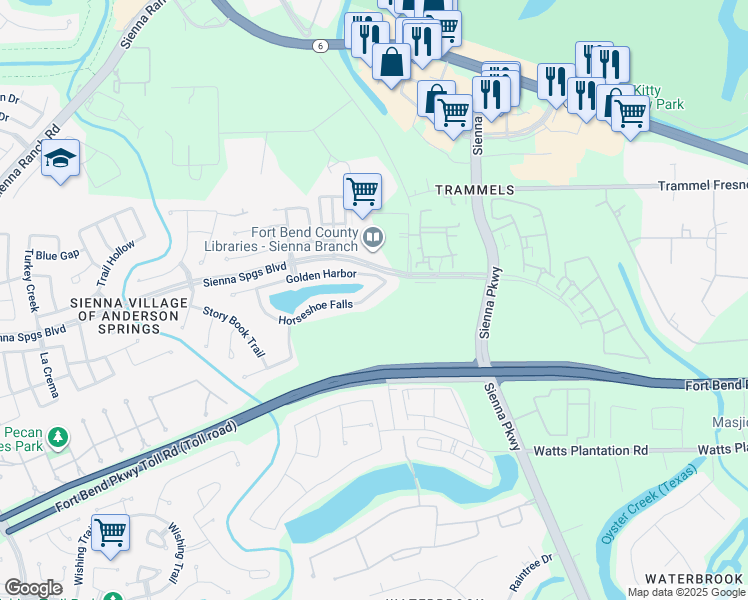 map of restaurants, bars, coffee shops, grocery stores, and more near 5631 Horseshoe Falls in Missouri City