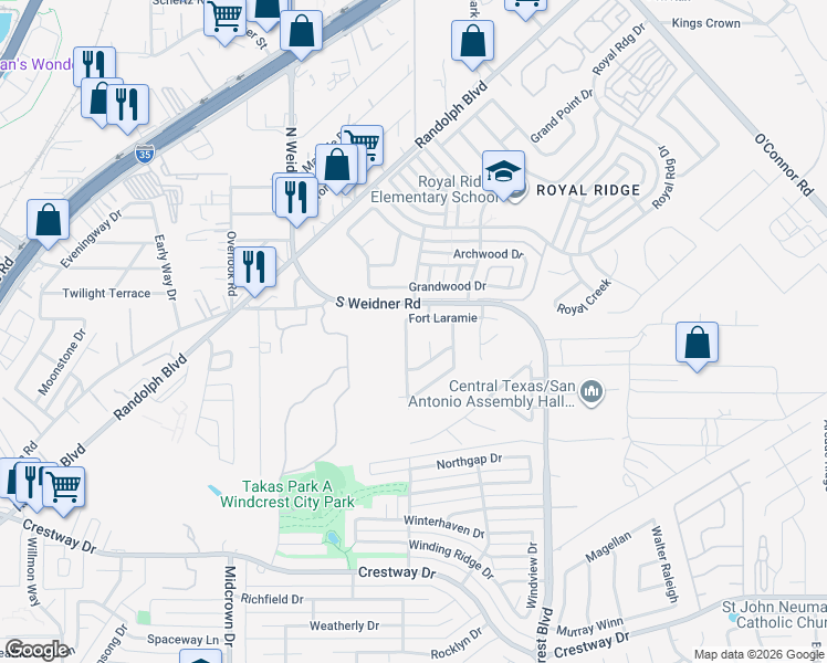 map of restaurants, bars, coffee shops, grocery stores, and more near 10034 Powderhouse Drive in San Antonio