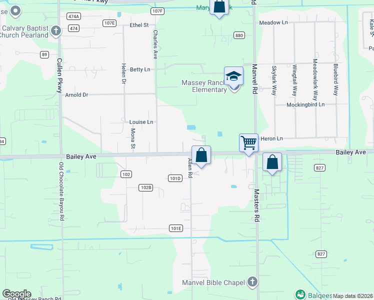 map of restaurants, bars, coffee shops, grocery stores, and more near 7522 Bailey Road in Pearland