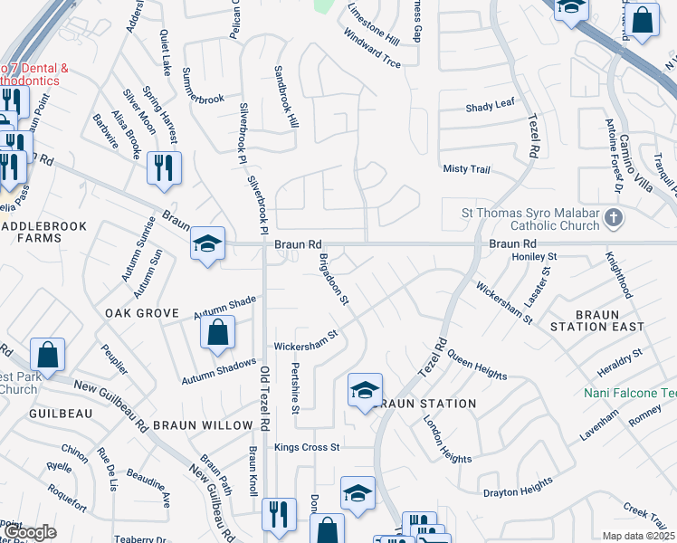 map of restaurants, bars, coffee shops, grocery stores, and more near 502 Thetford Drive in San Antonio