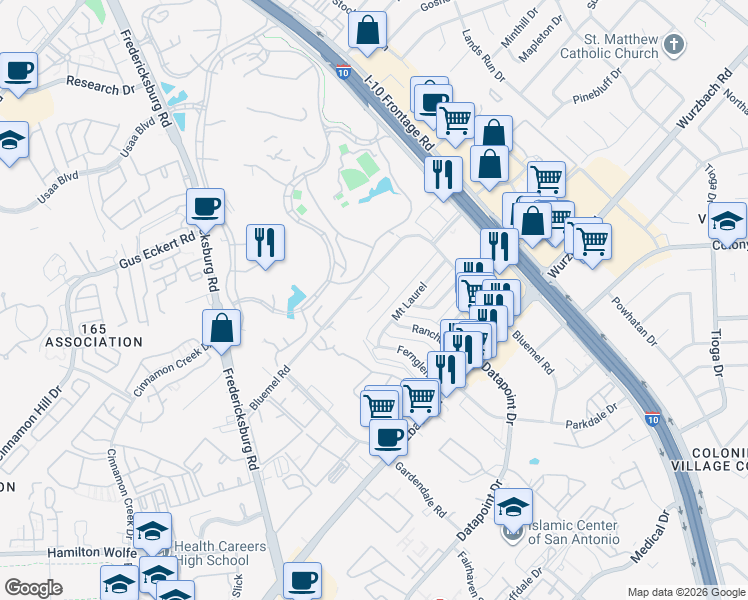 map of restaurants, bars, coffee shops, grocery stores, and more near 4219 Laurel Trail in San Antonio