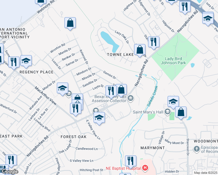 map of restaurants, bars, coffee shops, grocery stores, and more near 3223 Leyte Street in San Antonio