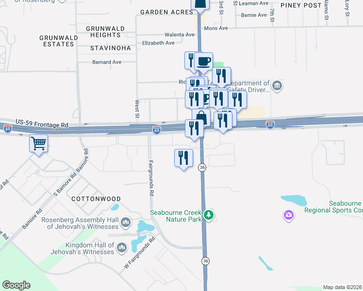 map of restaurants, bars, coffee shops, grocery stores, and more near 3402 Texas 36 in Rosenberg