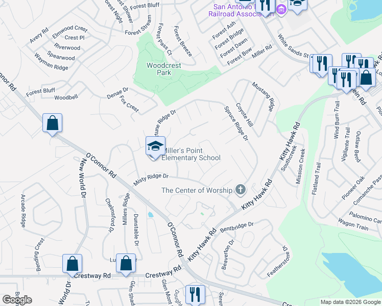map of restaurants, bars, coffee shops, grocery stores, and more near 7114 Comanche Ridge Drive in Converse