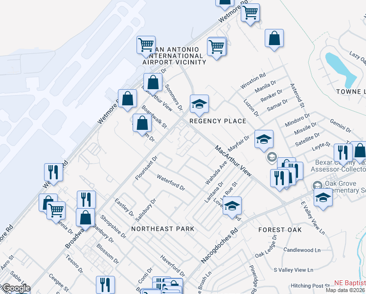 map of restaurants, bars, coffee shops, grocery stores, and more near 10014 Broadway in San Antonio
