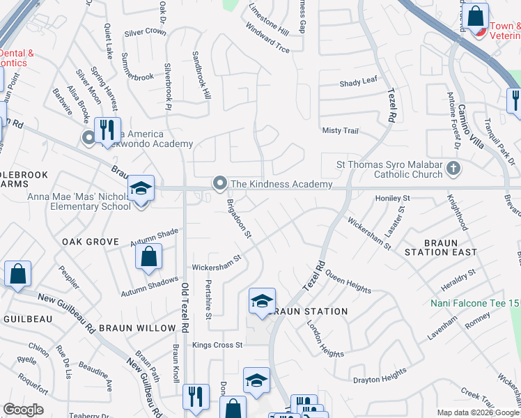 map of restaurants, bars, coffee shops, grocery stores, and more near 9323 Wickheather Street in San Antonio