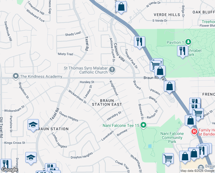 map of restaurants, bars, coffee shops, grocery stores, and more near 8418 Dorsetshire Street in San Antonio