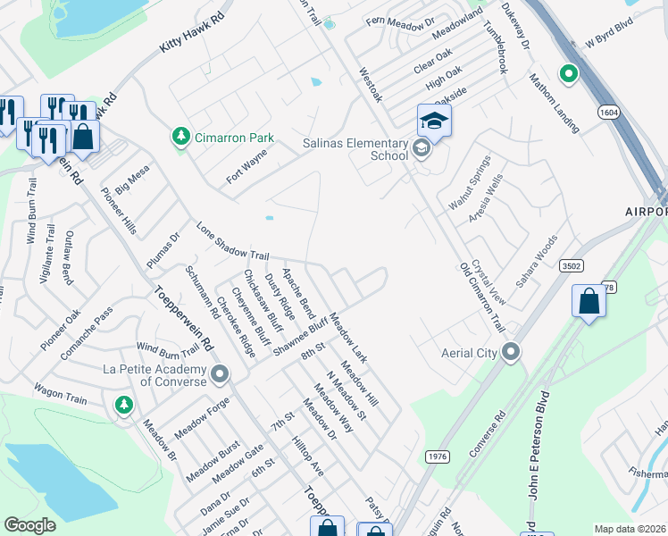 map of restaurants, bars, coffee shops, grocery stores, and more near 8607 Lantana Springs in Converse