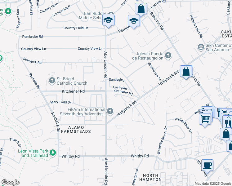 map of restaurants, bars, coffee shops, grocery stores, and more near 6519 Lionheart Park in San Antonio