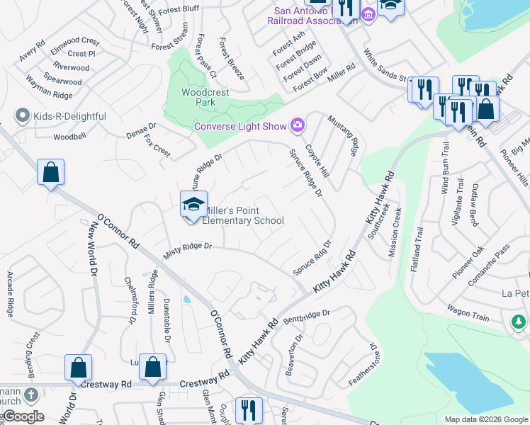 map of restaurants, bars, coffee shops, grocery stores, and more near 7119 Apache Ridge in Converse