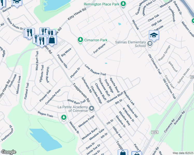 map of restaurants, bars, coffee shops, grocery stores, and more near 10147 Colt Crossing in Converse