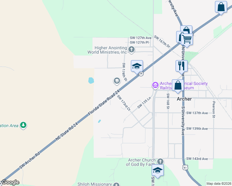 map of restaurants, bars, coffee shops, grocery stores, and more near 17498 SW Archer Rd in Archer