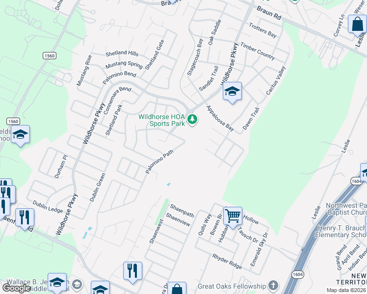 map of restaurants, bars, coffee shops, grocery stores, and more near 9650 Palomino Path in San Antonio