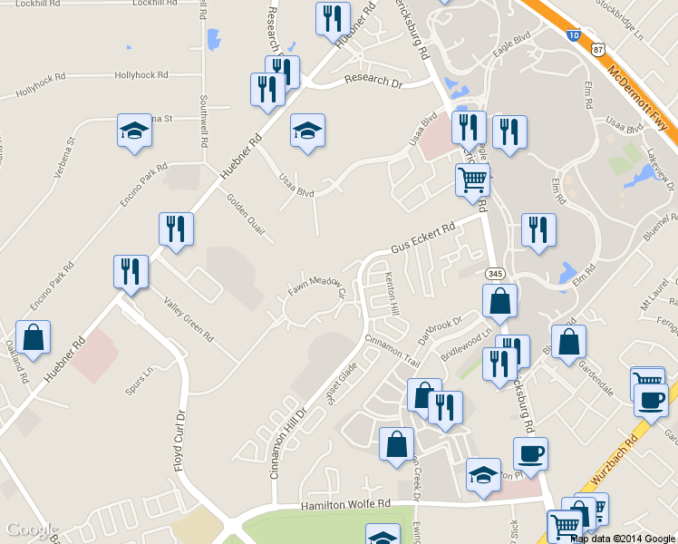 map of restaurants, bars, coffee shops, grocery stores, and more near 4801 Gus Eckert Road in San Antonio