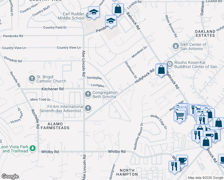 map of restaurants, bars, coffee shops, grocery stores, and more near 6303 Kitchener Street in San Antonio