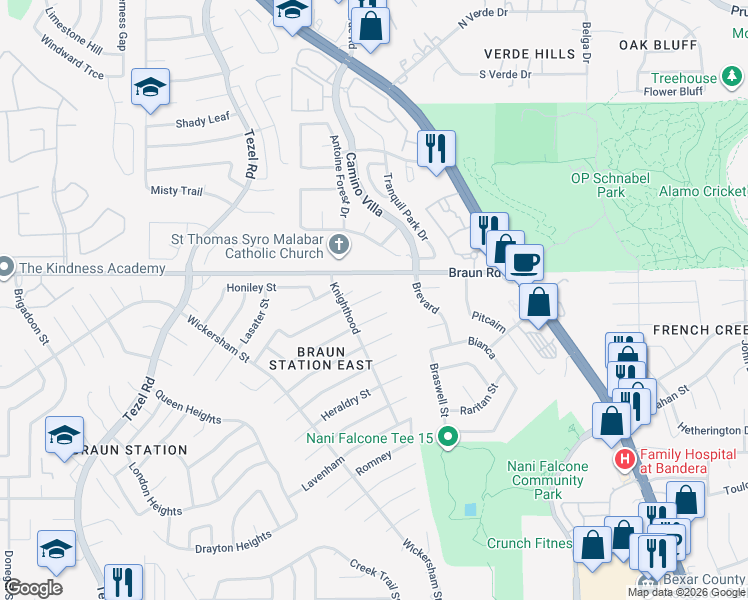 map of restaurants, bars, coffee shops, grocery stores, and more near 8307 Dragon Street in San Antonio